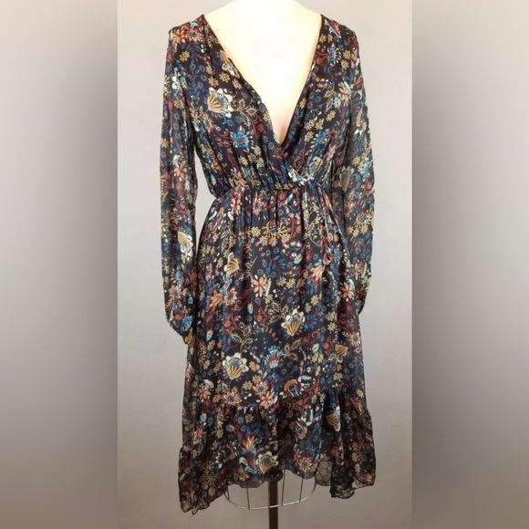ELENA BALDI Italy Silk Blend Floral V-neck Long Sleeve Hi Low Hem Dress Size Med - Picture 1 of 12